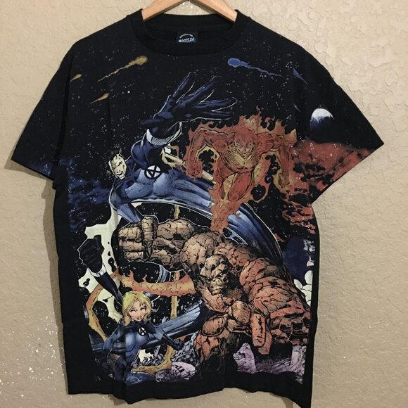 Fantastic Four Human Torch Ben Grimm Susan Storm Faded Black T-Shirt Large - Picture 1 of 5